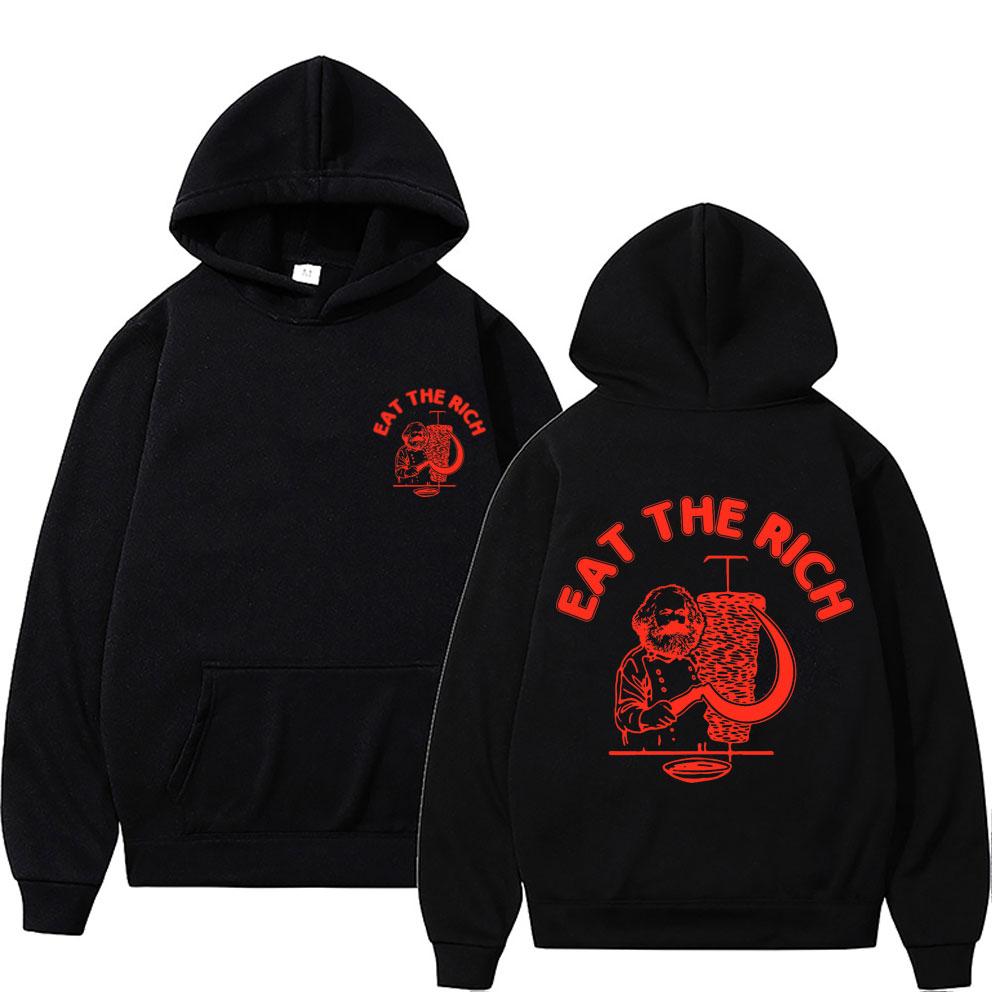 Eat The Rich Döner D%C3%B6ner Kebab Karl Marx Sozialist Hasan Piker Beidseitig bedruckter Hoodie Herren Damen Lässiges lockeres Sweatshirt L