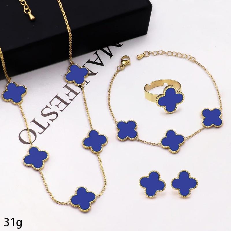 Vierblättriges Kleeblatt Muschel Titanstahl Halskette Armband Ohrringe Ring und Anderer Schmuck Vierteiliges Set blau