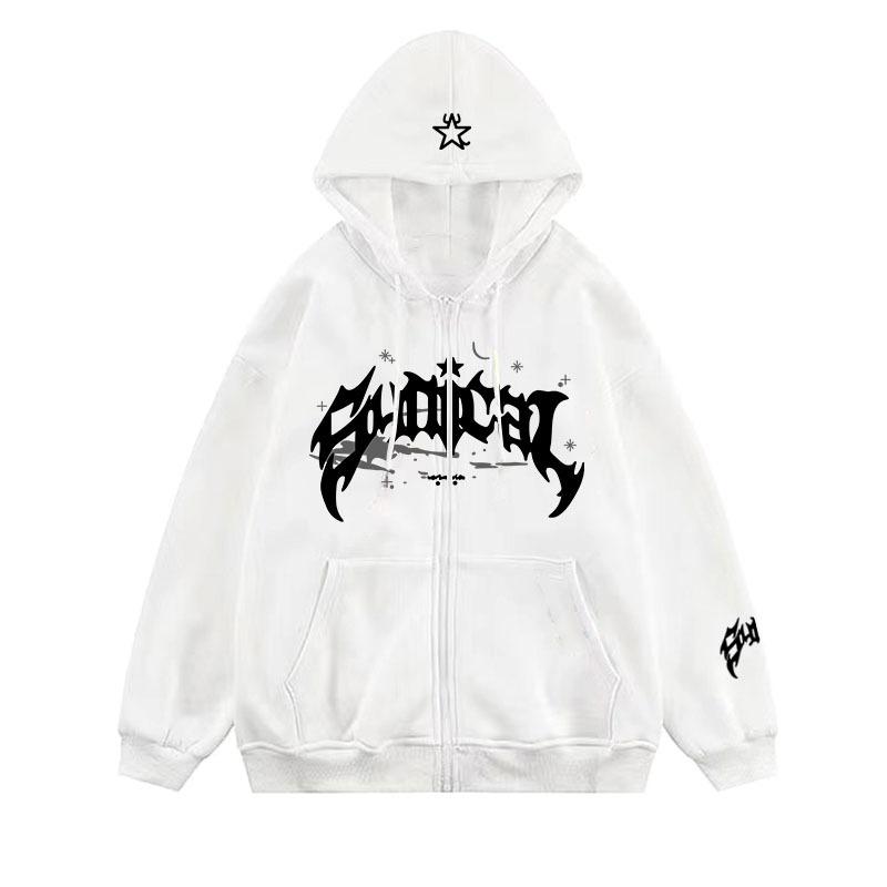 2024 Frühling und Herbst Neue trendige amerikanische Retro-Buchstaben-Sterne-Print-Jacke Hoodie Trendy Herren lose lässige einfarbige Jacke L weiß