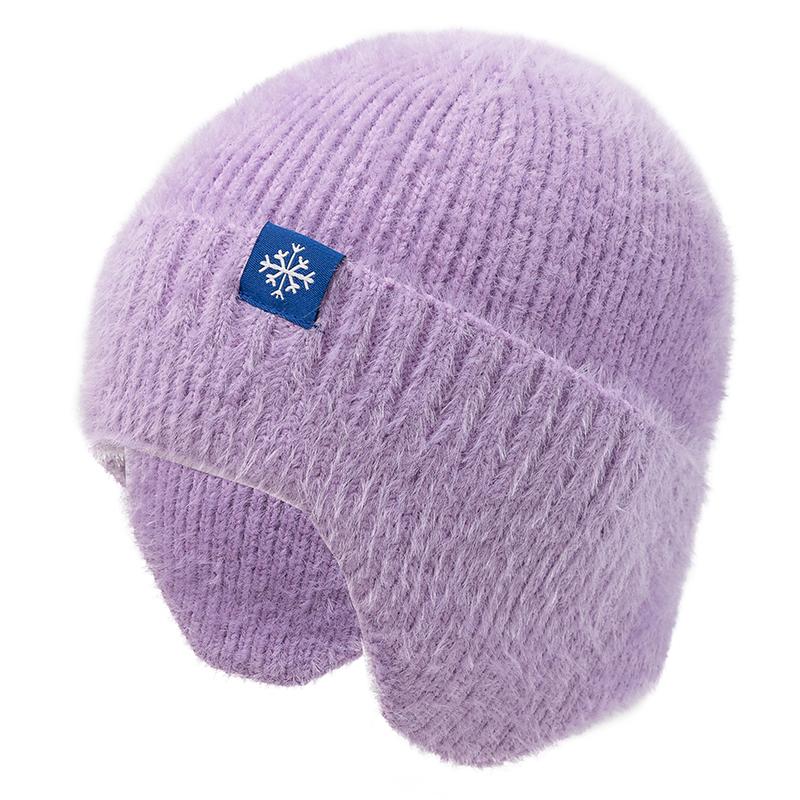 Neue Frauen Candy Farben Earflap Winter Hut Mode Faux Pelz Gestrickte Hut Kpop Stil Weichen Beanie Hüte Weibliche Streetwear Kappe 54cm-58cm violett