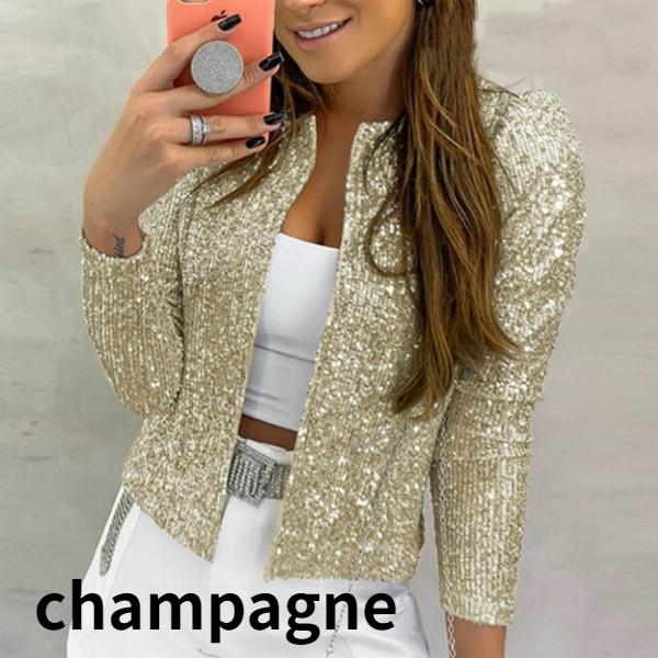 Frauen Casual Langarm Blazer Anzug Vorne Offen Pailletten Mantel Weibliche Jacke Pailletten Perlen Strickjacke Mäntel Oansatz Oberbekleidung Damen Frau Schwarz Silber S champagner