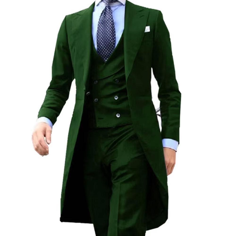 2024 Lila Long Tail Blazer 3-teilig Gentleman Männlicher Anzug Herrenmode Bräutigam Smoking für Hochzeit Abschlussball Jacke Weste mit Hose L dunkelgrüne