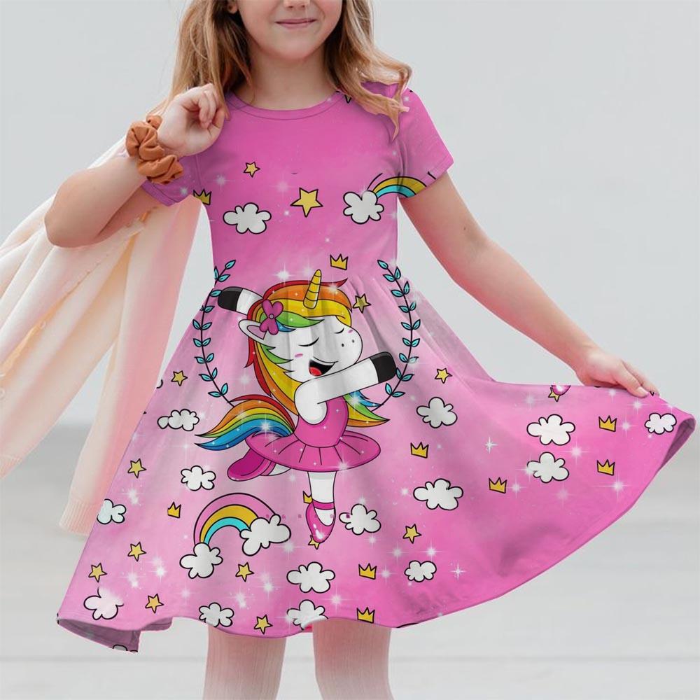 Sommerkleider für Mädchen Einhorn Kinder Kurzarmkleid Cartoon Kleinkinder Freizeit Gerade Kleider Kinderkleidung 3-12 Jahre 140 pink