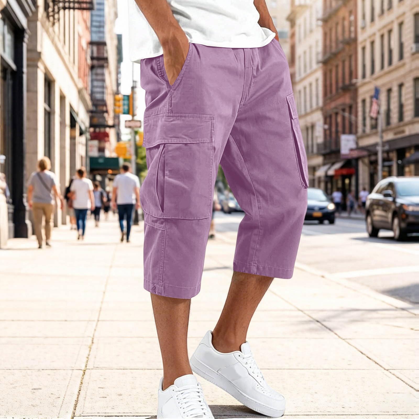 Herren Freizeit Capri-Hose mit Kordelzug und mehreren Taschen, lockere Passform, knielang, Utility Cargo-Hose für Outdoor und Alltag XL violett
