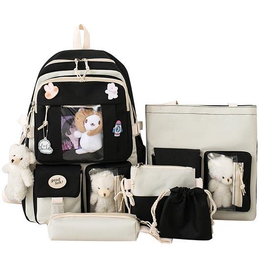 5 Teile/satz Kawaii Mädchen Rucksack Für Schüler Schule Tasche Teenager Mädchen Schulranzen Buch Taschen Bleistift Fall Frauen Reise Rucksack Tote schwarz