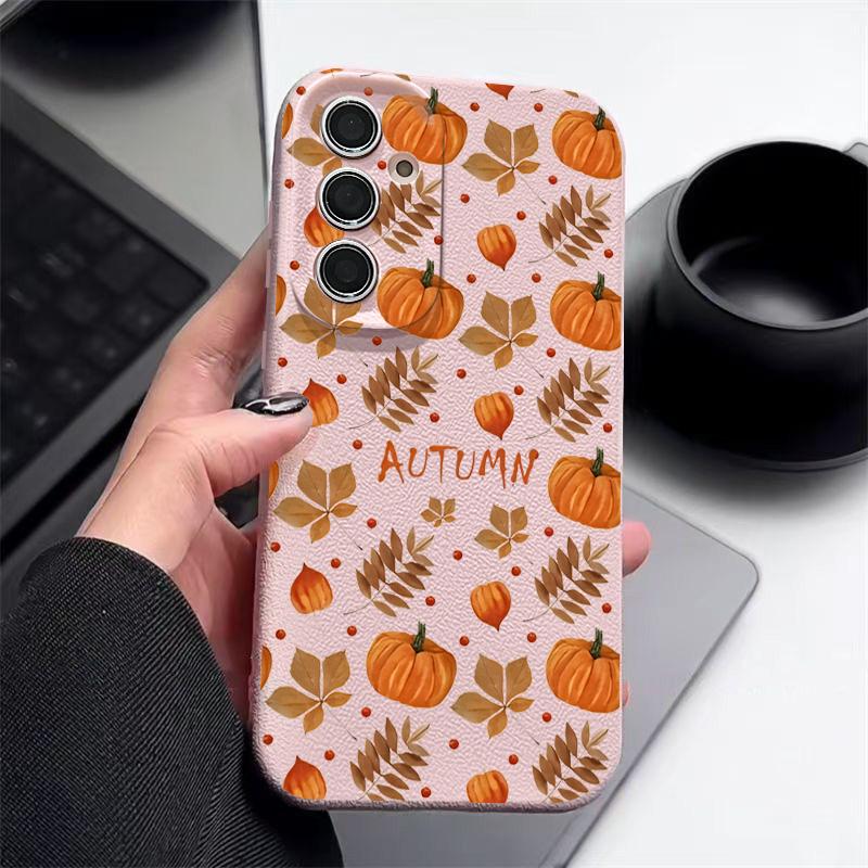 Herbst Kürbisdruck Handyhülle Für Samsung Galaxy S25 Edge S24 S25 FE S23 S22 Ultra A17 A56 A55 A54 A36 A15 A16 Silikon Ledertextur Cover Samsung Galaxy A36 rosa