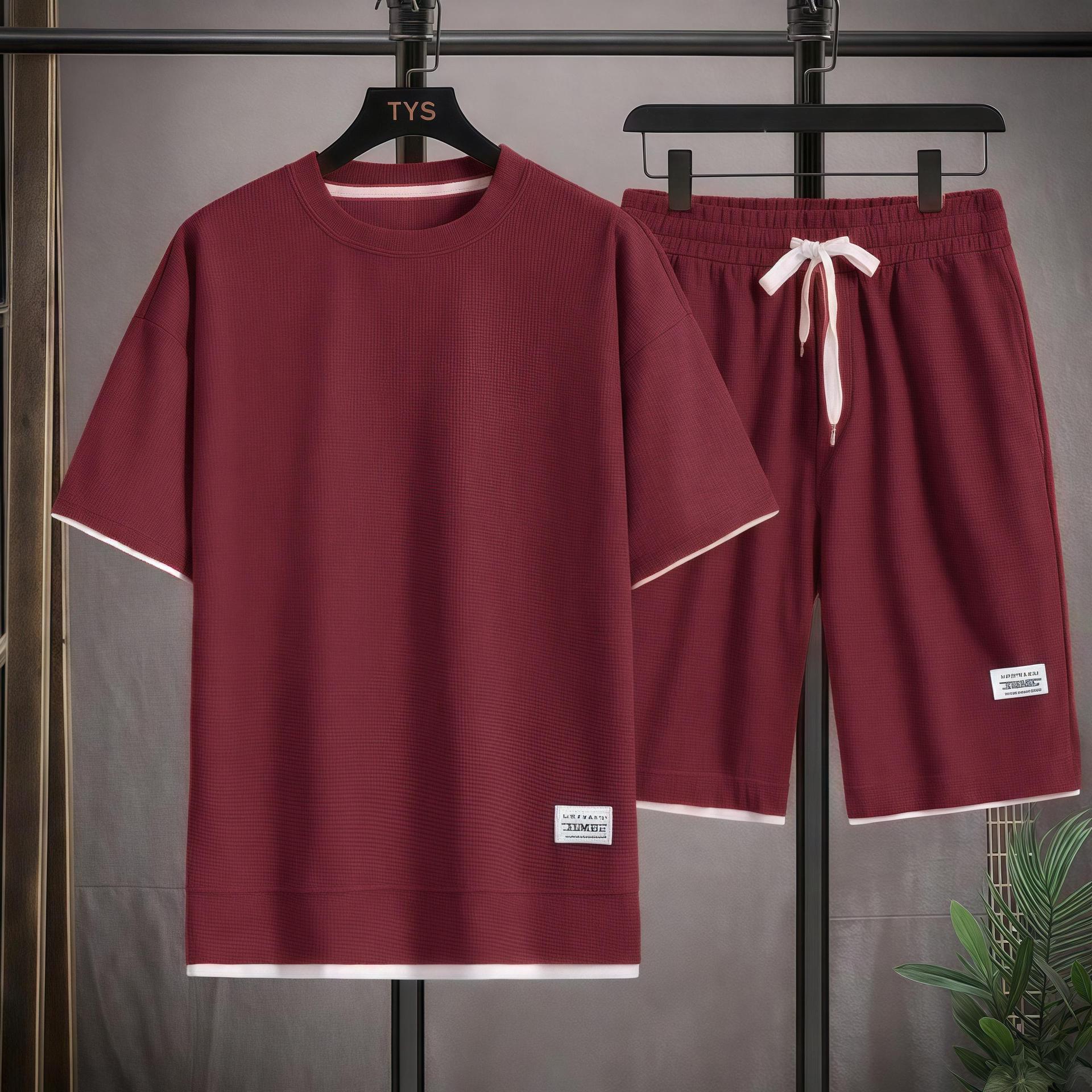 Herren Sommer Sets mit Waffelmuster, lässiges T-Shirt + Shorts Set, männlicher Sportanzug, einfarbig, Trainingsanzug, lockere Anzüge XL