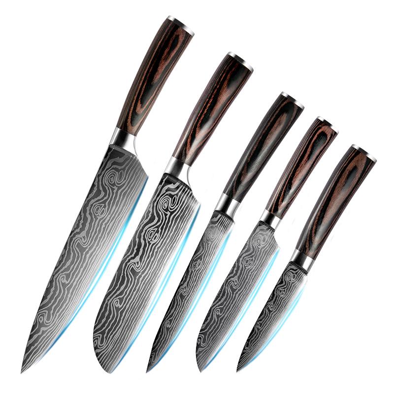 Damaskus-Kochmesser, 5 Stück, Damaskus-Küchenmesser, Holzgriff, zum Schälen, für Santoku, zum Schneiden von Chefkoch 1 set knife
