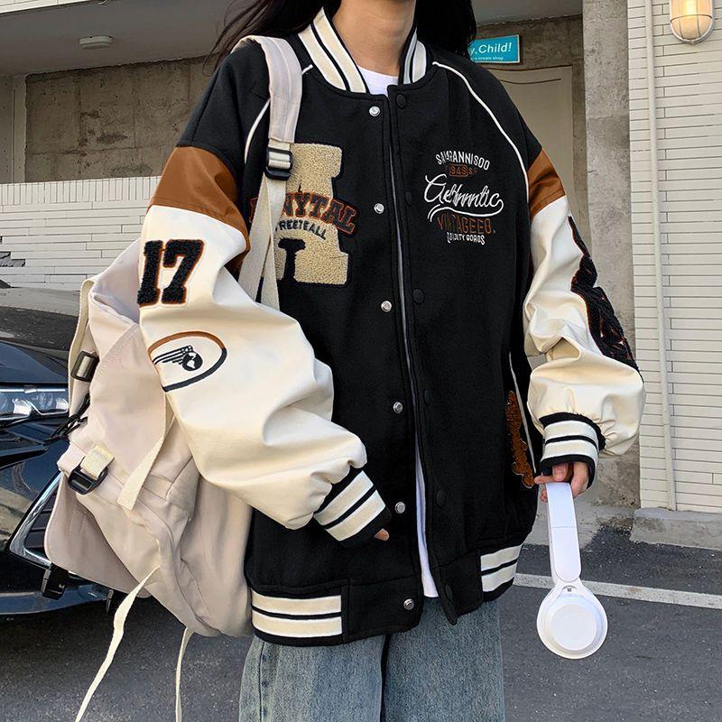 Vintage Bomberjacke Damen Harajuku Varsity Baseball Jacken Koreanische Mode College Uniform Übergroße Streetwear Y2k S schwarz