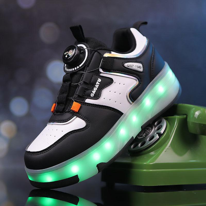 Leuchtende Kinder-Sneaker mit LED-Beleuchtung, USB-Ladefunktion, leuchtende Rollen, Parkour-Rollschuhe 36 schwarz/weiß