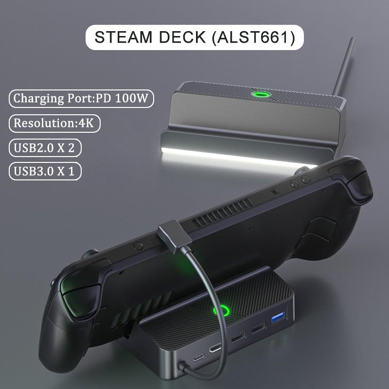 VAORLO Steam Deck Docking Station TV Basis Stehen 5 in 1 Hub Aluminium Legierung Halter Dock 60Hz HDMI-kompatibel USB-C Für Steam Deck Konsole White Light