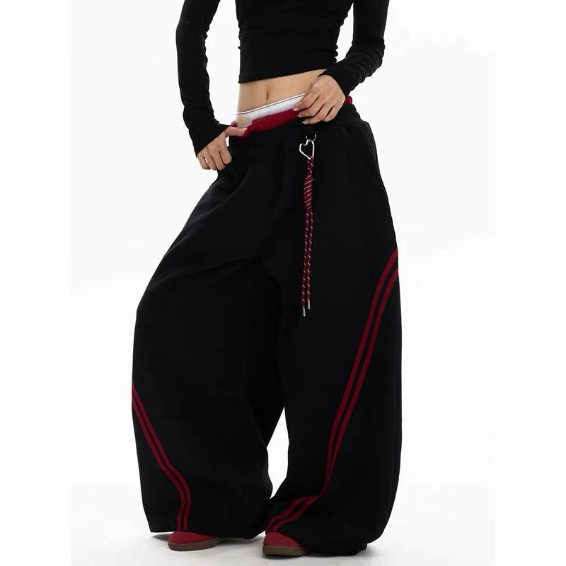 Damen Gestreifte Baggy Y2k Sporthosen Harajuku Streetwear Graue Jogginghosen Oversize Tanzhosen Vintage Hosen Frühling XL schwarz