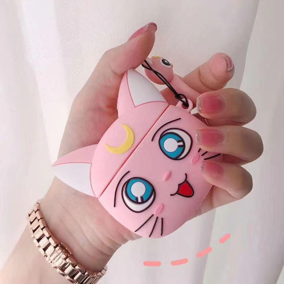 Niedliche Mondkatze Geeignet für Apple Airpods 1/2 3 Pro Pro2 Dreifarbig Optional Anhänger Cartoon Kopfhörer Weiche Hülle For Airpods 1 or 2 rosa