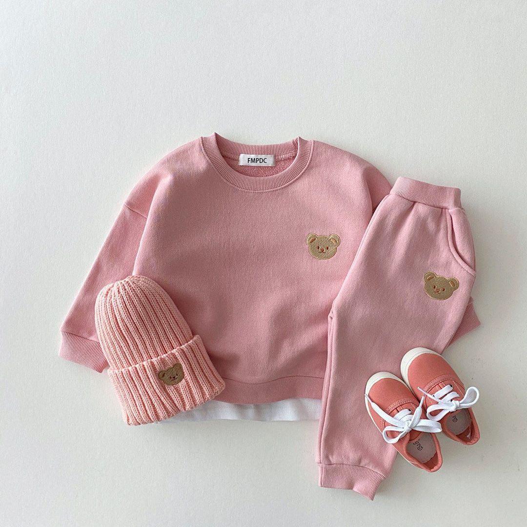 Mode Kleinkind Baby Jungen Mädchen Herbst Kleidung Sets Baby Mädchen Kleidung Set Kinder Sport Bär Sweatshirt Hosen 2Pcs Anzüge outfits 73cm rosa
