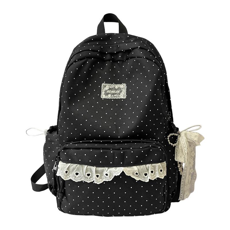 Süßer Polka-Dot-Rucksack mit Spitzenbesatz, Stilvolle Schultasche für Damen und Teenager, Leichtes und geräumiges Design Small schwarz