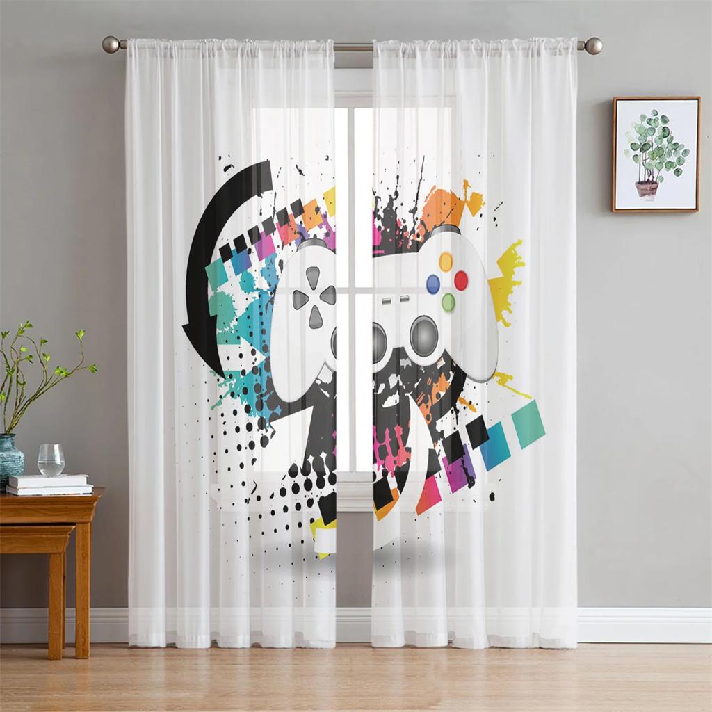 Switch Spielekonsole Weißes Gamepad Voile Vorhang für Schlafzimmer Tüll Fenstervorhang für Wohnzimmer Transparente Vorhänge Jalousien Drapierungen 2 Stück W85X200H(cm)x2Pcs&Hook
