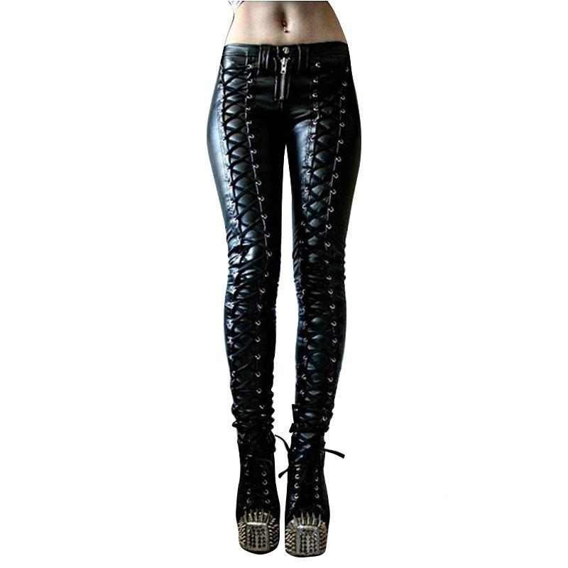 Damen Gothic Punk Lederhose Einfarbig Bandage Skinny Party Nachtclub Lederhose M schwarz