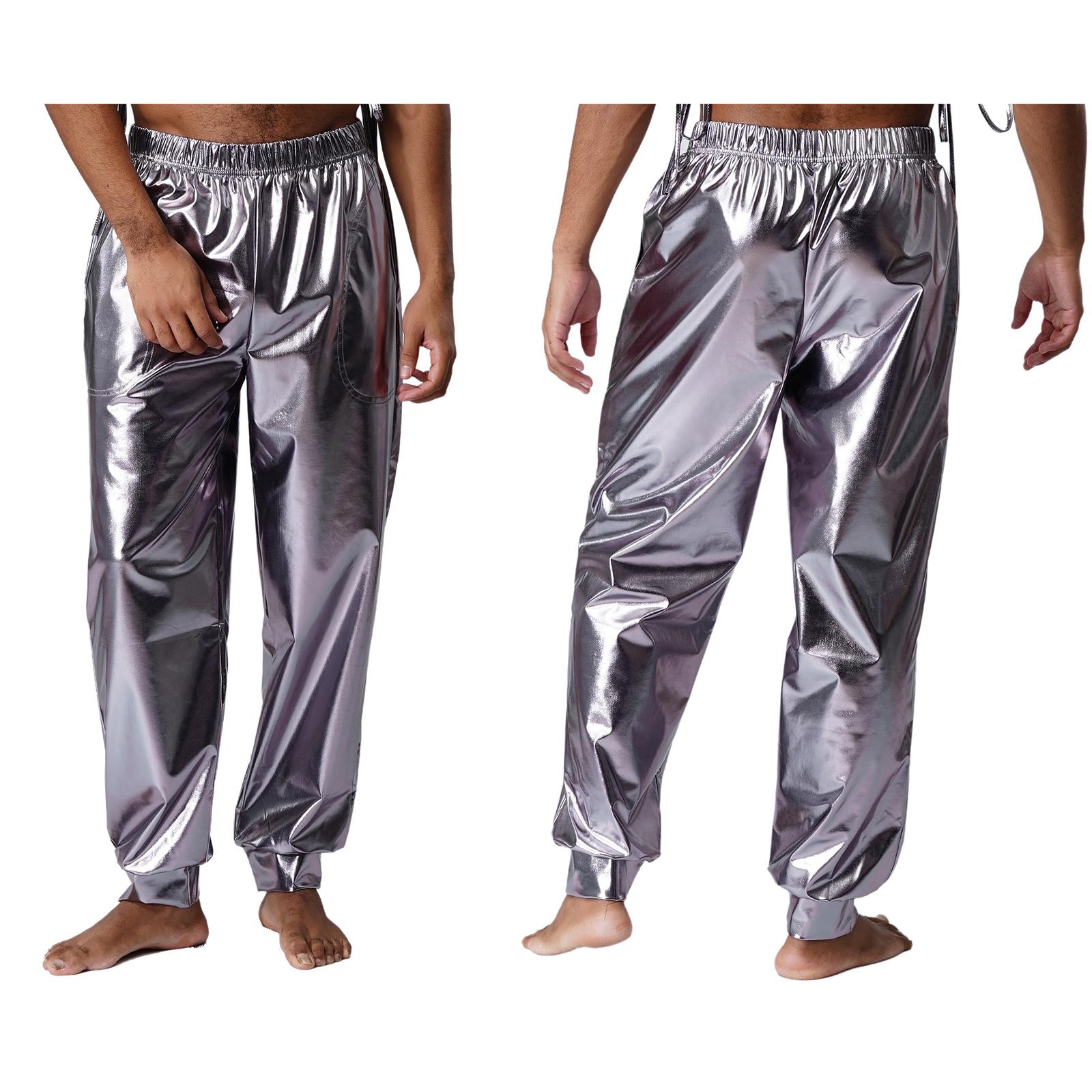 M-XXL Herren Glänzende Metallic Hose Hohe Taille Elastische Taille Sporthose Metallischer Glanz Modern Dance Hose Lockere Hose M grau