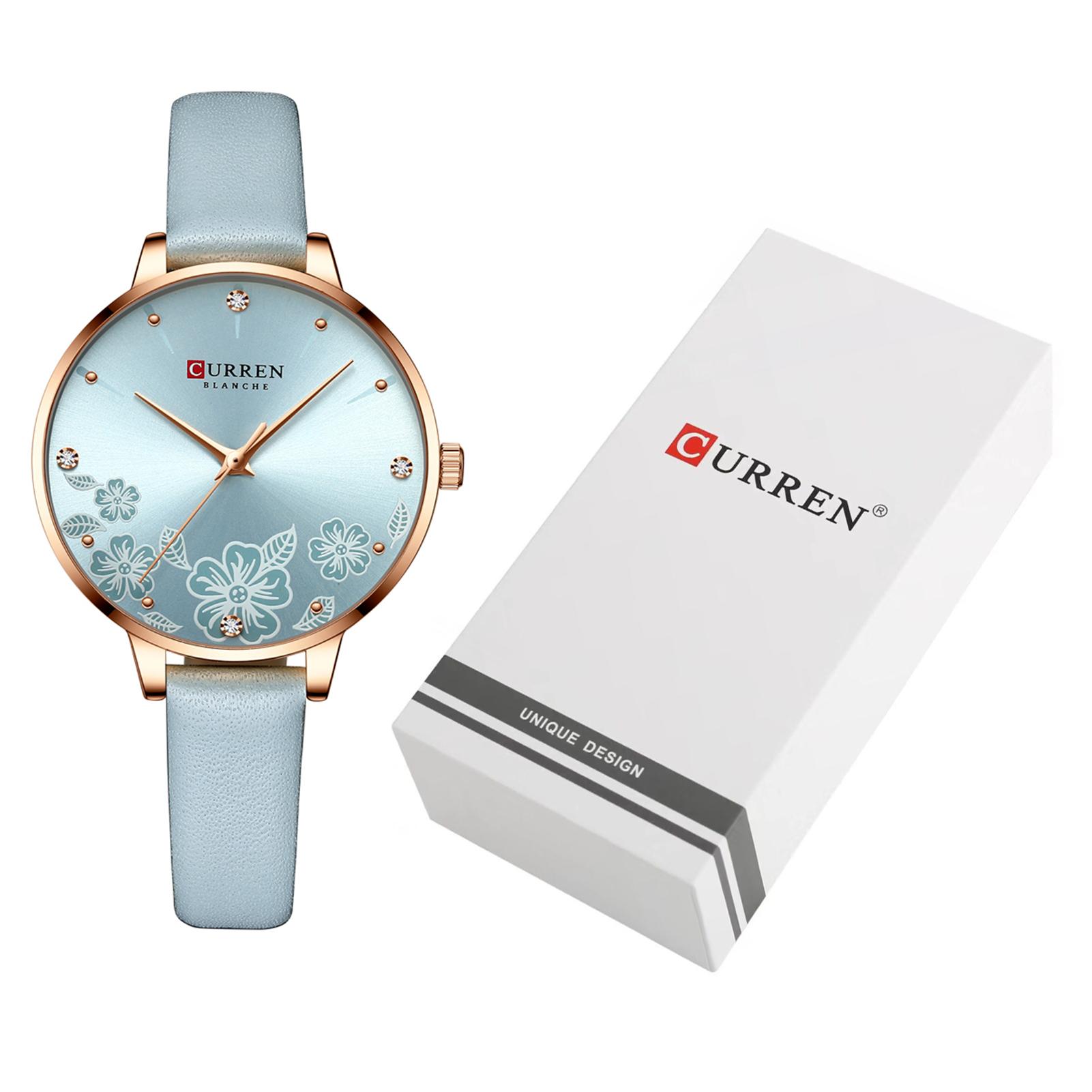 CURREN Damenmode Analoge Armbanduhr 3ATM Wasserdichte Damenuhr mit Quarzuhr für Damen hellblaue