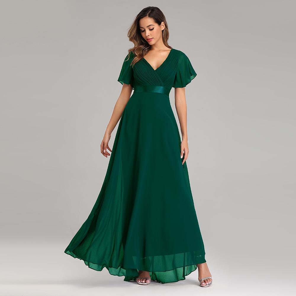 GMXIA Frühling Sommer Handgefaltetes Großes Schwingendes Doppel-V-Ausschnitt Kleid Ausgestellte Ärmel Elastischer Chiffon Bankett Brautjungfer Übergröße Abendkleid S grün