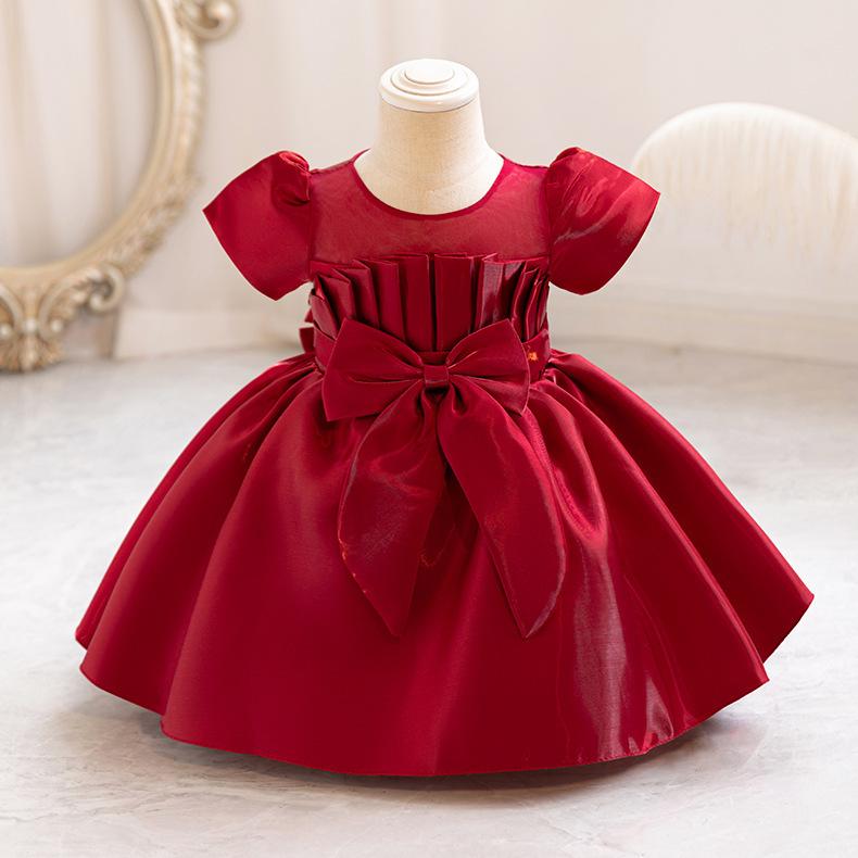 Kinderkleid, Prinzessinnenkleid mit Schleife, Blumendruck, unregelmäßiger Saum 80cm red