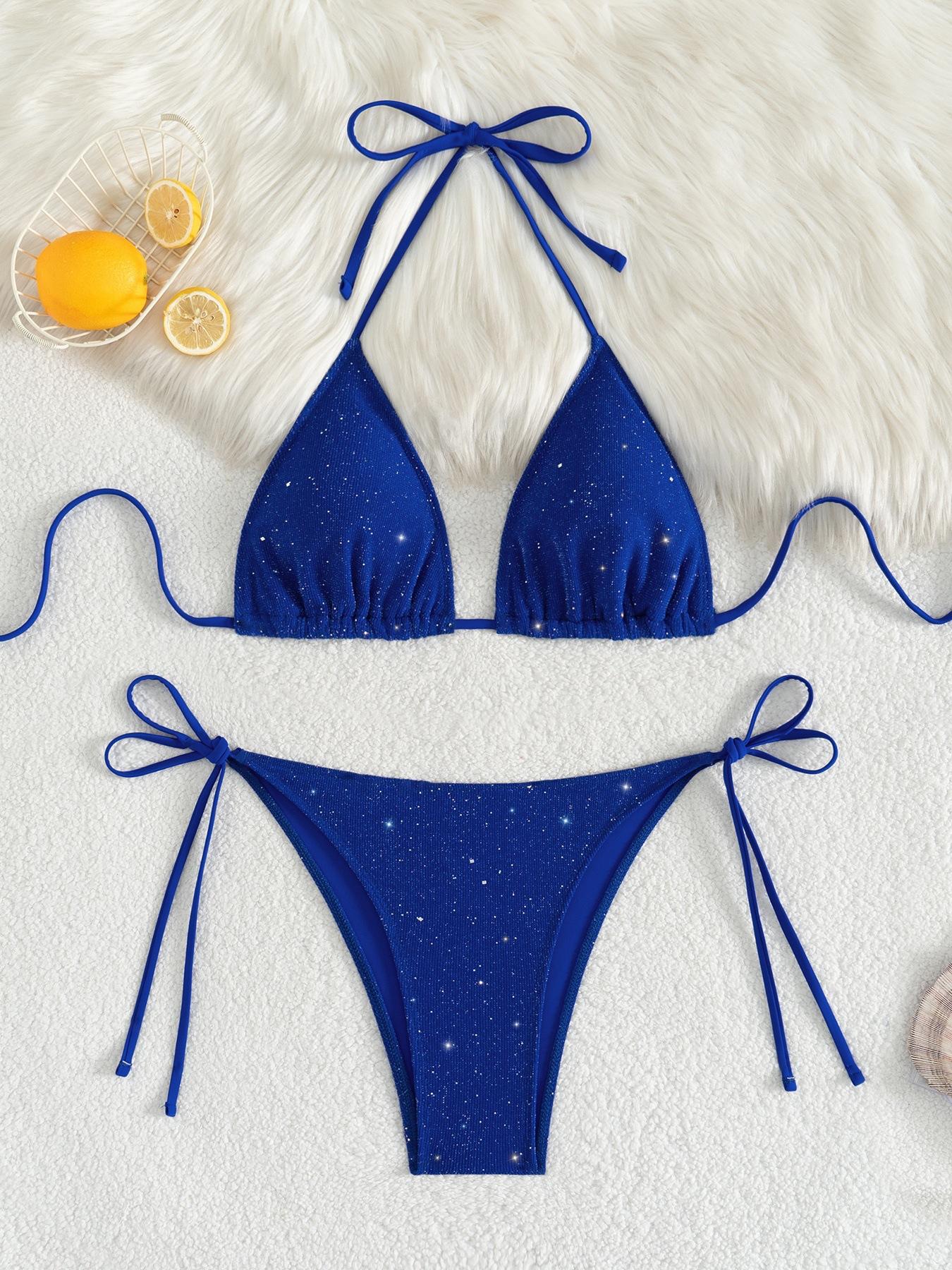 Damen Badeanzug Einfarbig Dreieck Tasche Binden Pailletten Sexy Bikini Badeanzug Strandmode Badeanzüge M blau