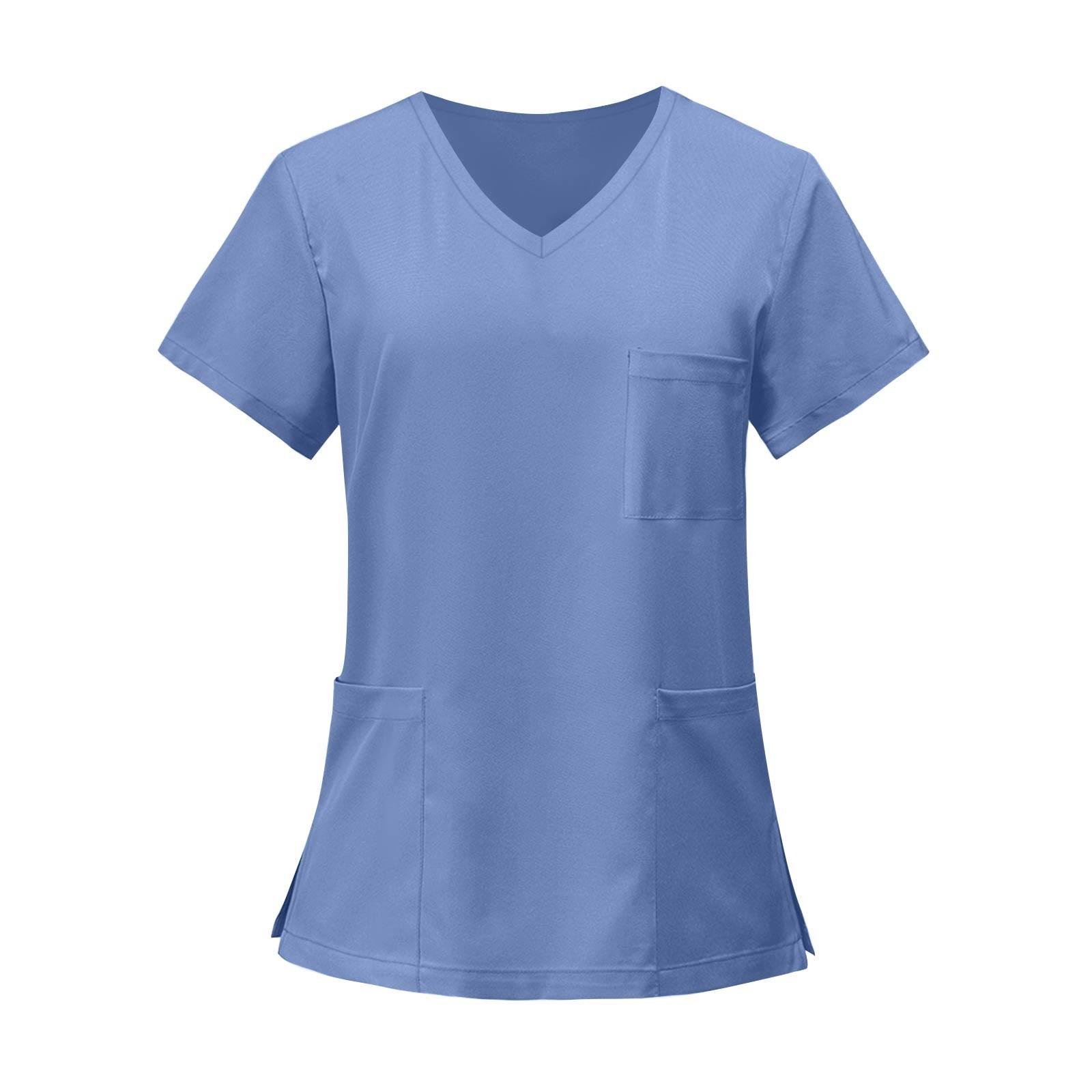 Damen V-Ausschnitt Kasack Kurzarm Einfarbig Uniformhemd Mit Mehreren Taschen Für Medizinische Zahnärztliche Klinik Arbeitskleidung XL blau