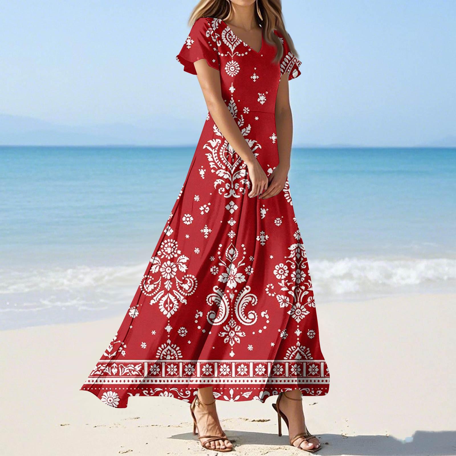 Damen Sommer Casual Fashion Print Farbe Kleider V-Ausschnitt Kurzarm Kleider XS rot