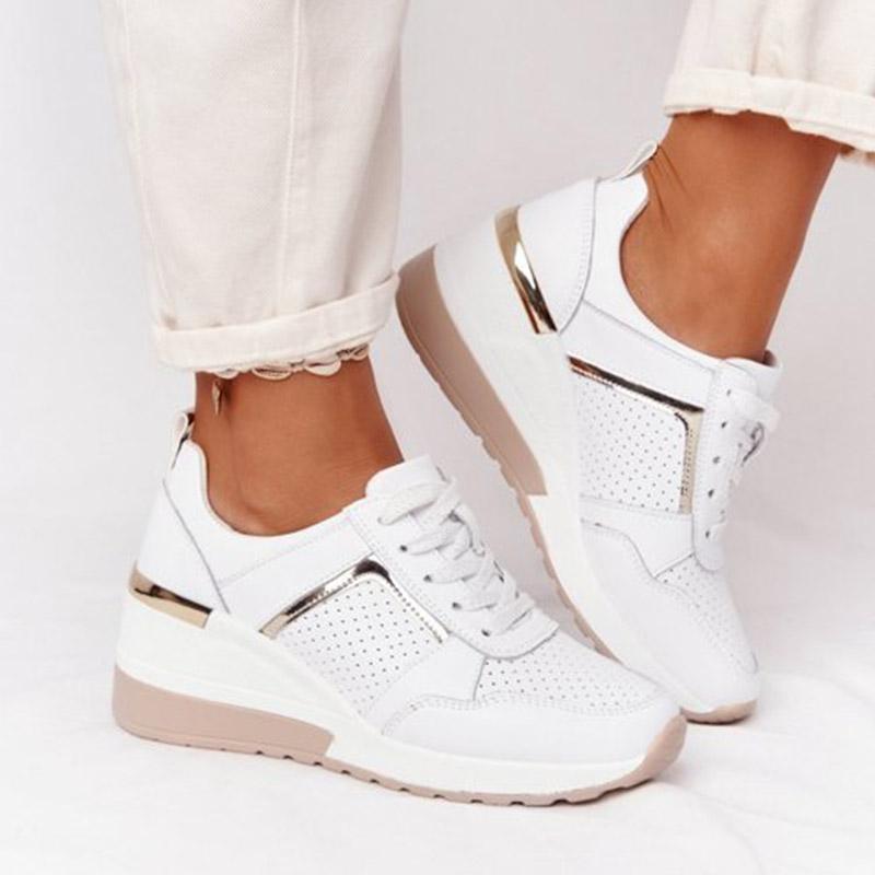 Damenschuhe, atmungsaktive Leder-Sneakers mit Schnürung, Keilabsatz, Sportschuhe, vulkanisierte Damenschuhe, Casual Platform, Damen, Büro, Flat88 36