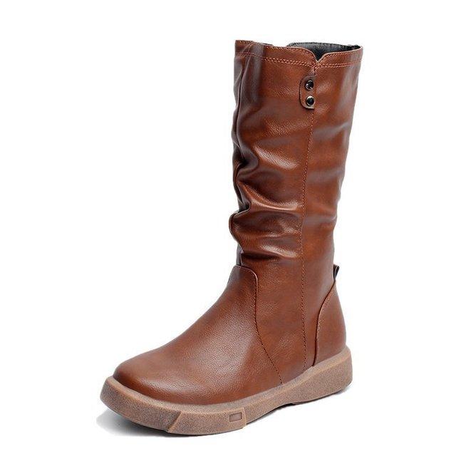 Frauen Warme Plüsch Fell PU Leder Mitte Wade Stiefel Mutter Schnee Stiefel Weibliche Damen Wohnungen Schuhe Zip Plattform Stiefel 40 braun