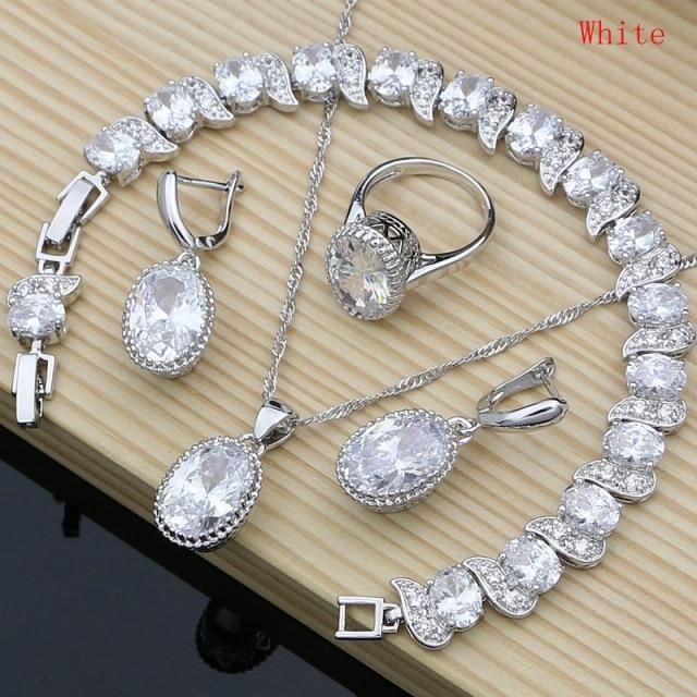 Natürlicher 925er Silberschmuck, roter Geburtsstein, Charm-Schmuckset für Damen, Ohrringe/Anhänger/Halskette/Ring/Armbänder 8 weiß