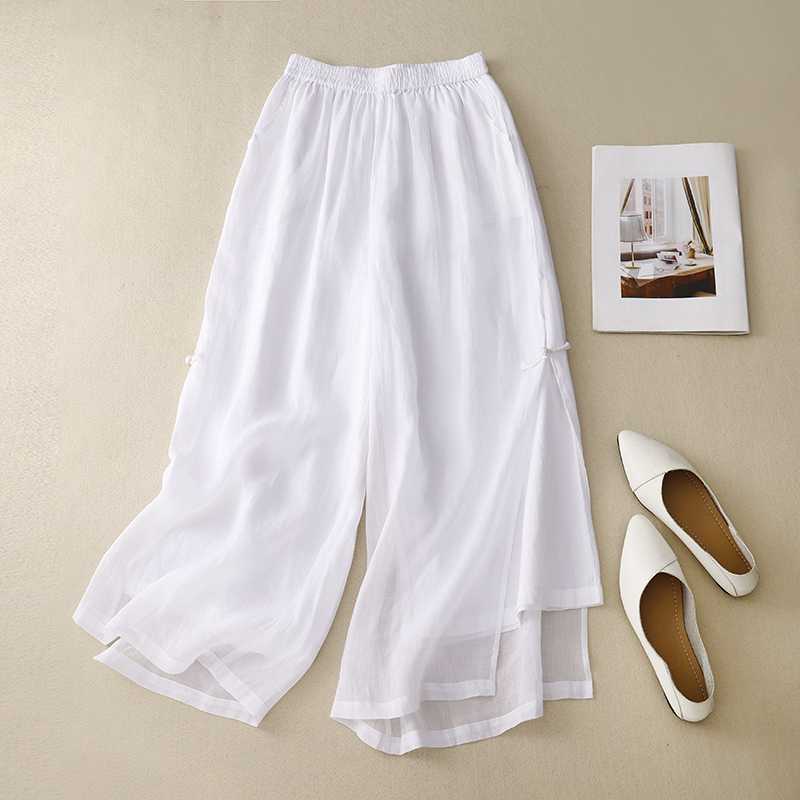 Damen Sommer Cool Comfort Schlitzsaum Knopfleiste Weitbein Hose Böhmisch Lässig Weitbein Rock-Hose M weiß