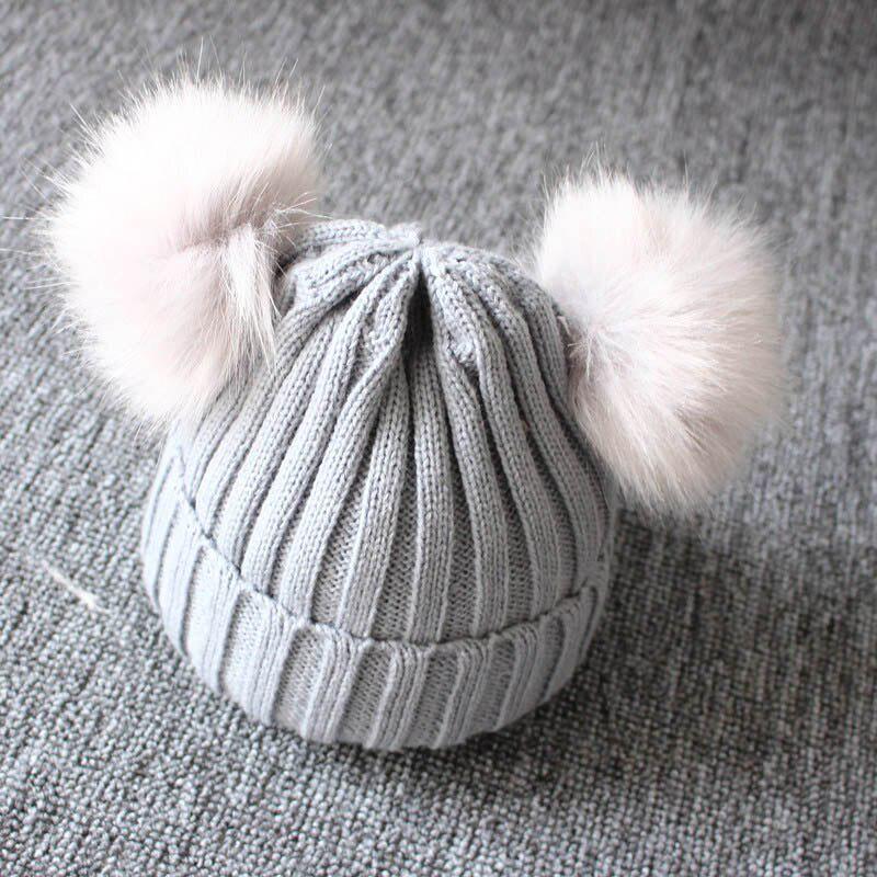 Baby Winter Strickmütze Doppel Pompom Baby Mädchen Junge Mütze Solide Warme Niedliche Pelzige Ball Beanie Caps grau