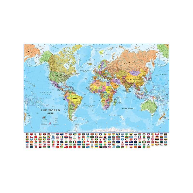 Die politische Weltkarte mit Nationalflaggen, Leinwandgemälde, Wandkunst, Poster, Schulbedarf, Wohnzimmerdekoration, Geographie 75*50cm(Canvas)