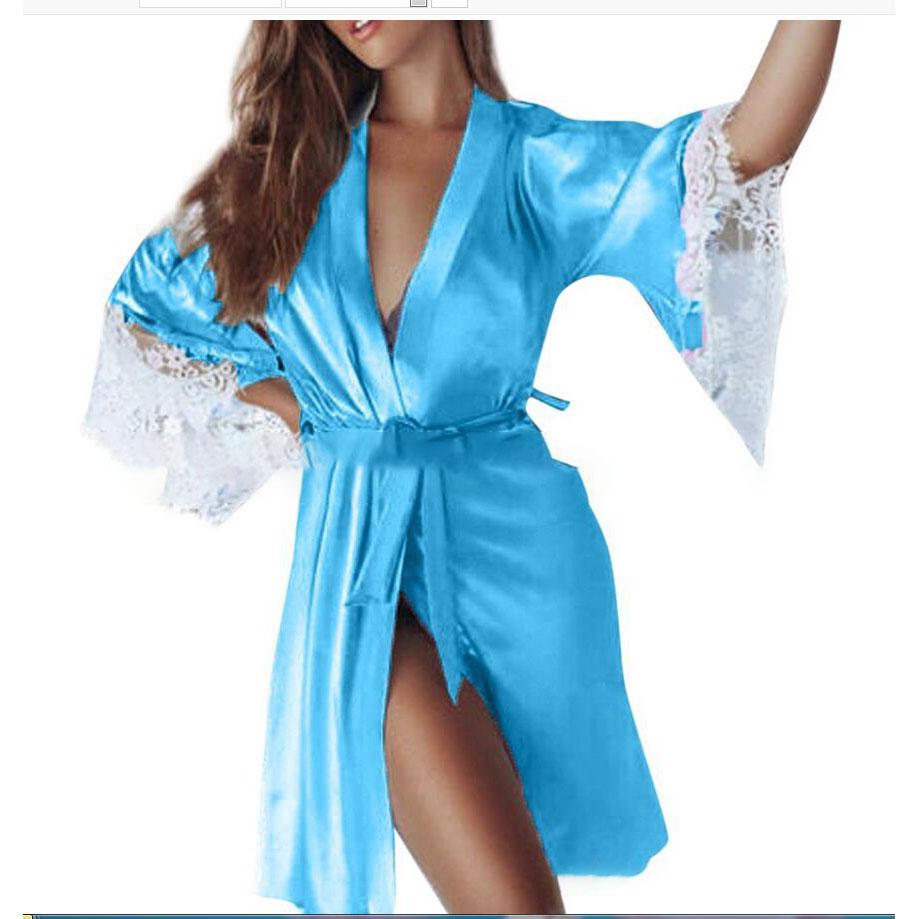 Damen Nachthemd Bademantel mit G-String Blumenspitze Bademantel Halbarm Nachthemd Weiblich Französisch Sexy Seidige Satin Nachtwäsche L blau