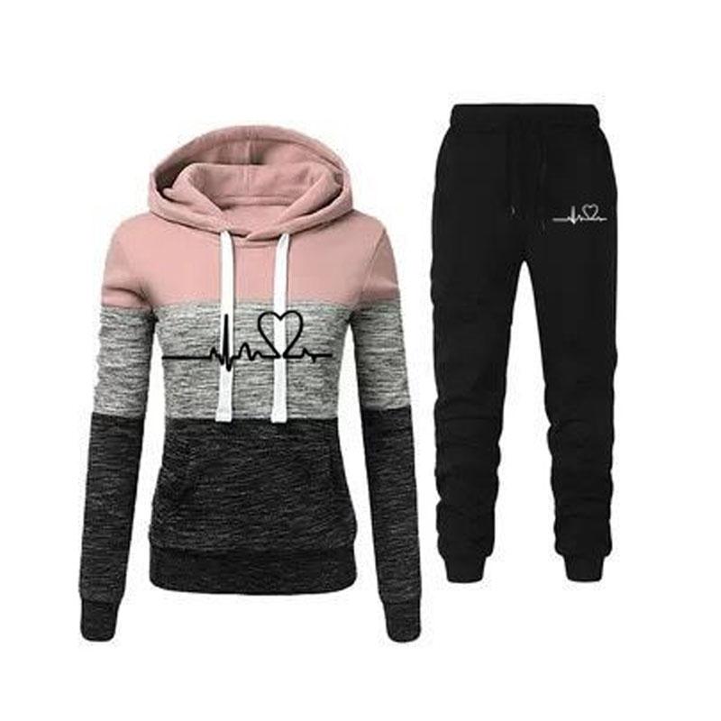 Frauen Mode Trainingsanzug Druck Hoodies Hosen 2 Stück Set Sportwear Winter Frauen Sport Anzug Kapuzen Sweatshirt Set Lose Sport mode Set S rosa