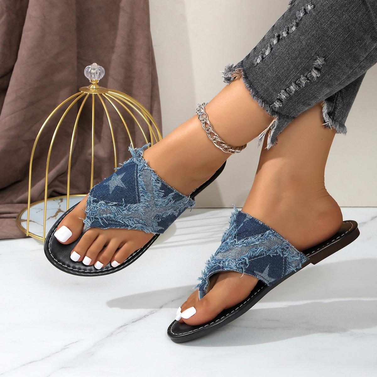 Mode Damen Hausschuhe 2024 Neue Flache Peeptoe Sandalen Zehentrenner Sommer Lässige Strandhausschuhe Mode Luxus Flache Schuhe Pantoletten Damen 38 blau