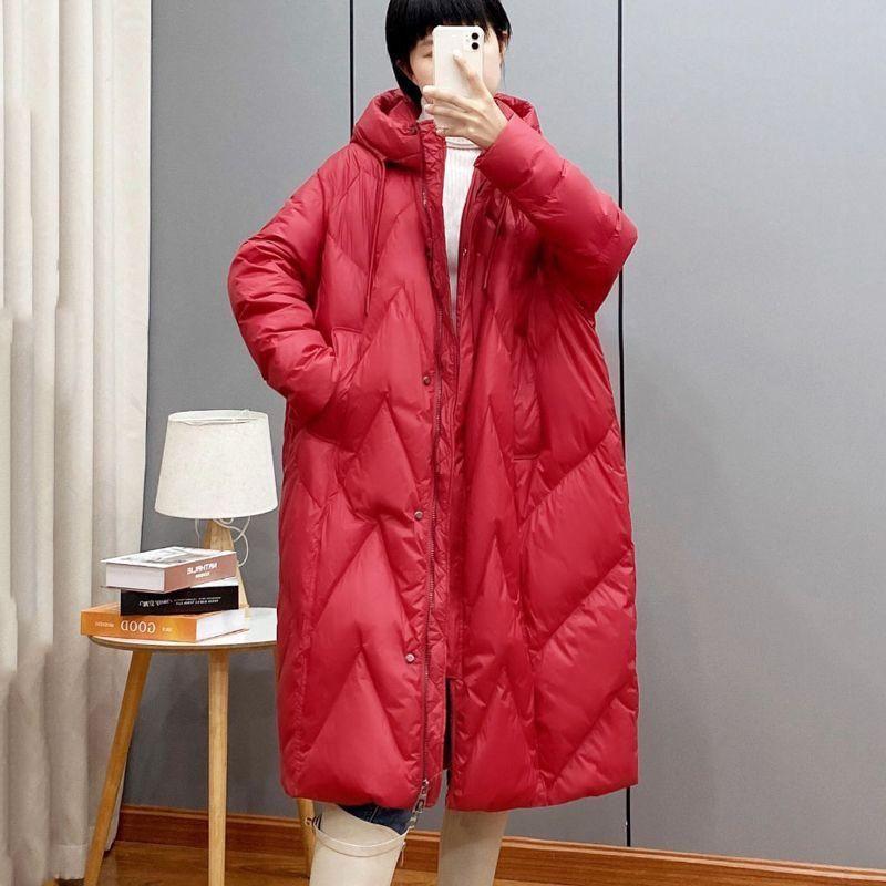 Damen Lockerer Langer Mantel Weiße Entendaunenjacke Damen Winter Damen Übermantel Winter Kapuzen-Pufferfederparkas XS rot