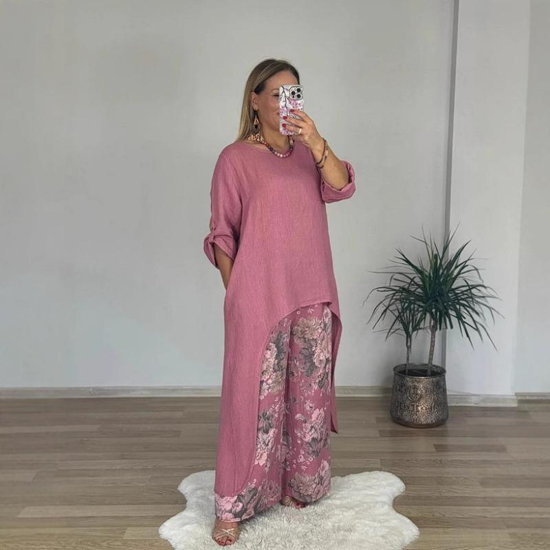 Damenmode Lässig Frühling Herbst Blumenmuster Druck Langarm O-Ausschnitt Hosen Hosen Anzüge XL rosa