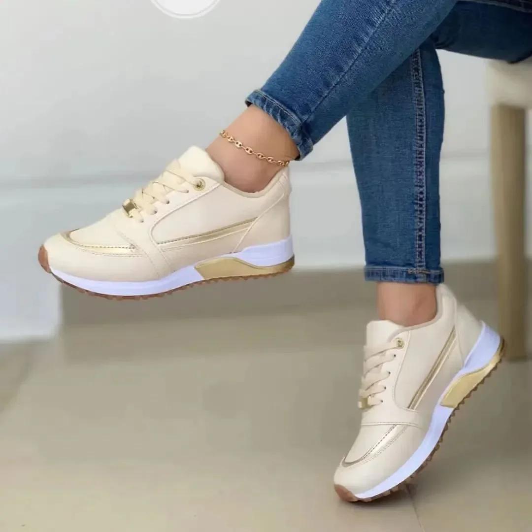 Damen-Sneaker im Angebot, modische flache Plateauschuhe mit runder Spitze, lässige Mischfarben, Schnür-Sneaker, Outdoor-Laufschuhe für Damen 36 apricot