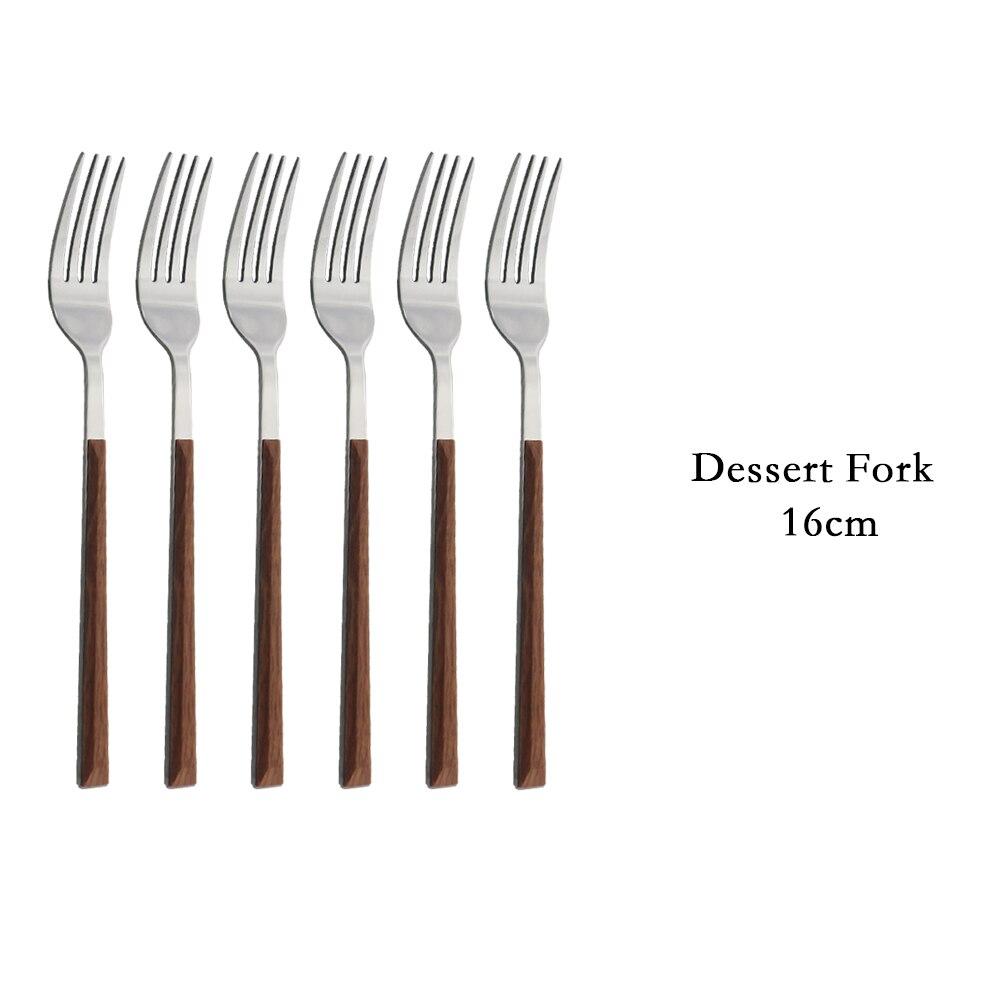 Holzgriff Geschirr-Set Edelstahl Silber 6/30-teilig Steaktisch Messer Gabel Löffel Dessertgabel Besteck Besteck-Set 6pcs Dessert Fork braun/silber