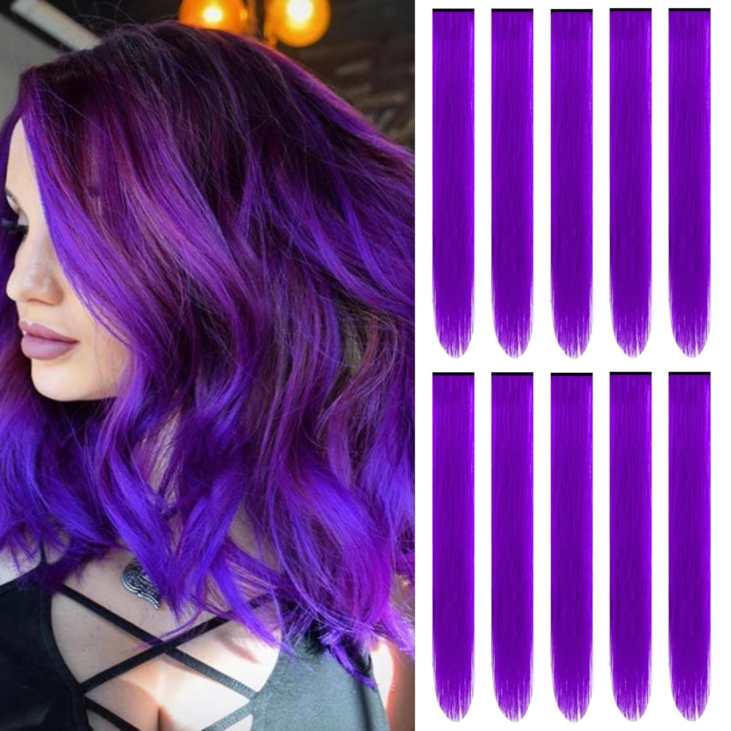 Lange glatte synthetische schwarze Haarverlängerungen zum Einklipsen, farbige Party-Highlights, Haarteile für Frauen, Kinder, Mädchen 10pcs violett