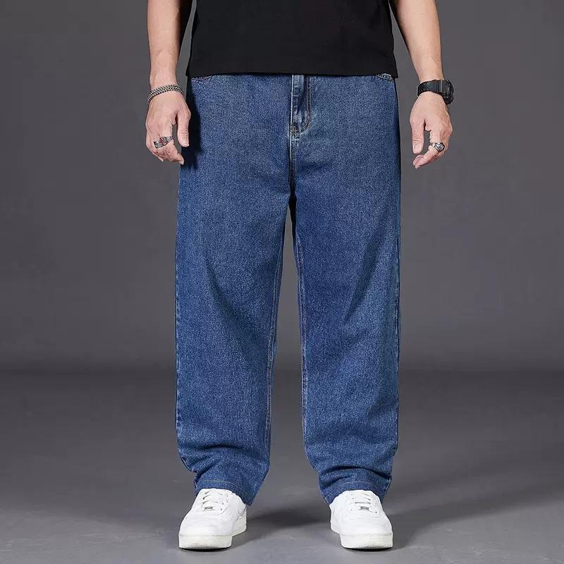 Große Größen Jeans für Herren Frühling und Herbst Lockere Gerade Plus Dünger Zur Erhöhung Der Elastizität Lässige Herrenhose Dünnschnitt XXXL dunkelblaue