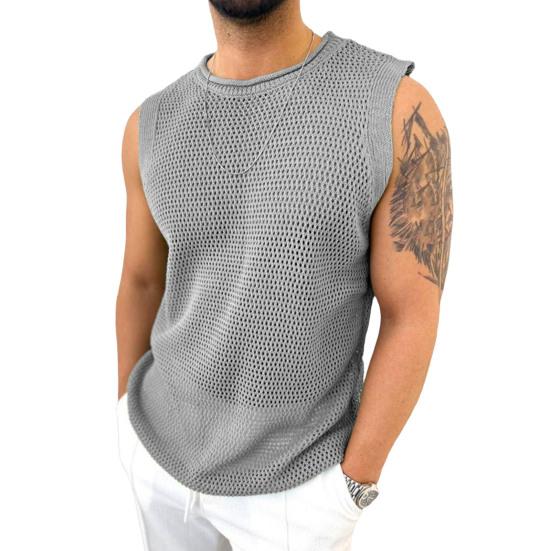 Herren Weste Rundhals Ärmellos Sommer Atmungsaktive Weste Einfarbig Hohl Strick Tops Fitness Home Wear XXL grau