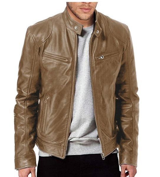 1 Stück Herren Lederjacke für Herren Jugend Stehkragen Punk Lederjacke für Herren Biker 4XL khaki