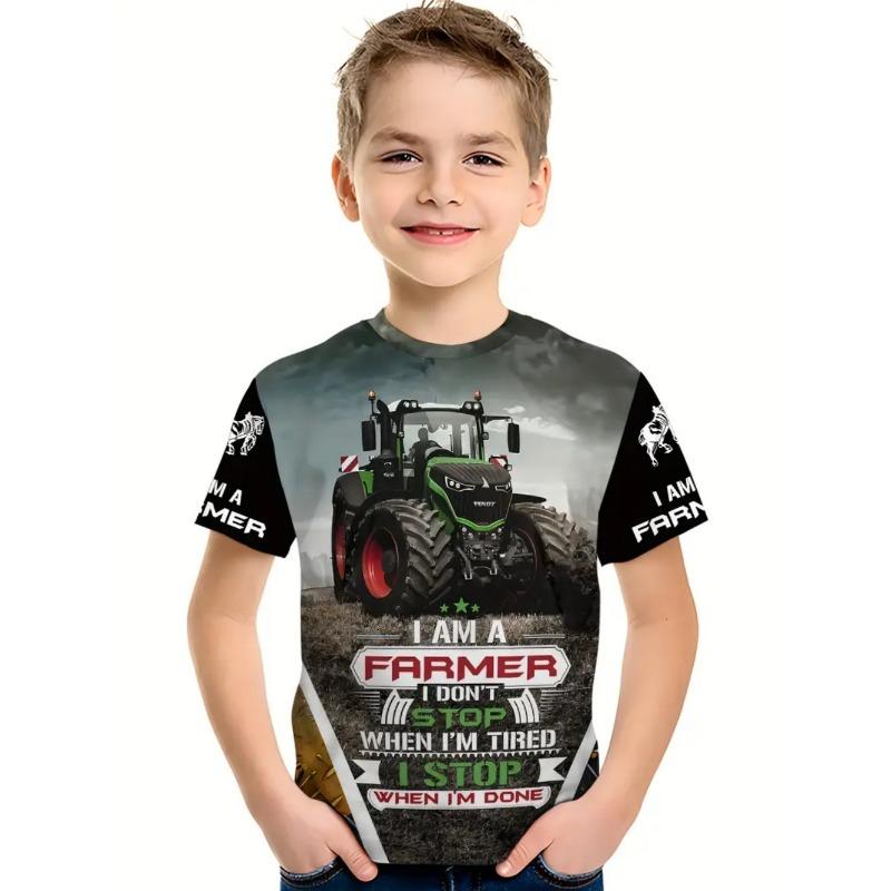 Cooler 3D Traktor Print Kinderkleidung Jungen T-Shirt Kurzarm Mode Kinder Sommerkleidung Outdoor Aktive Kinderbekleidung 150 beige