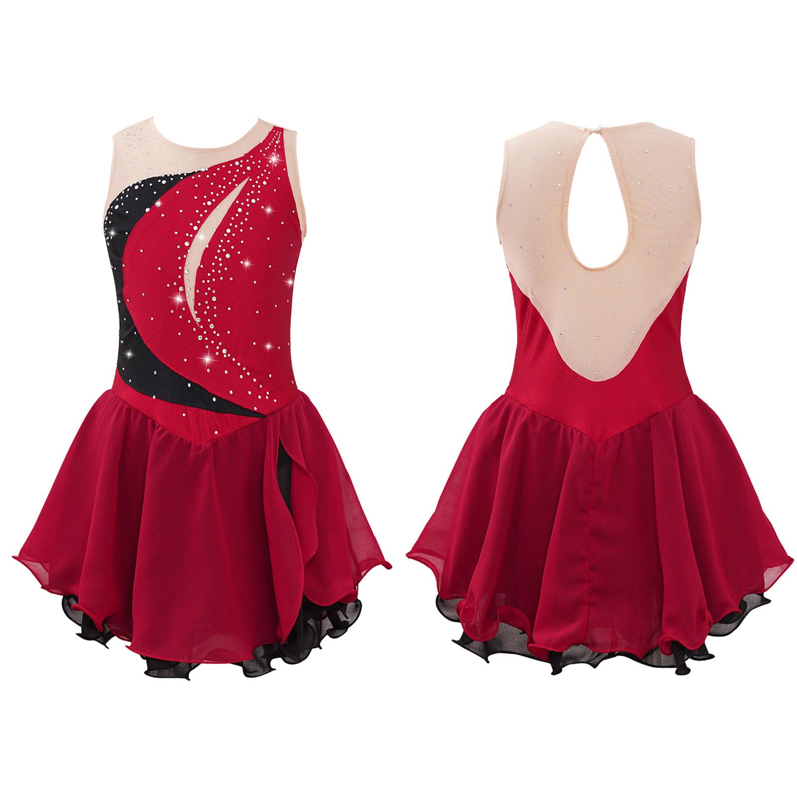 Kinder Mädchen Eiskunstlauf Kleid ärmellos Strass Wettbewerb Kostüme Ballett Tanz Tutu Rock 5-6 Years bordeaux