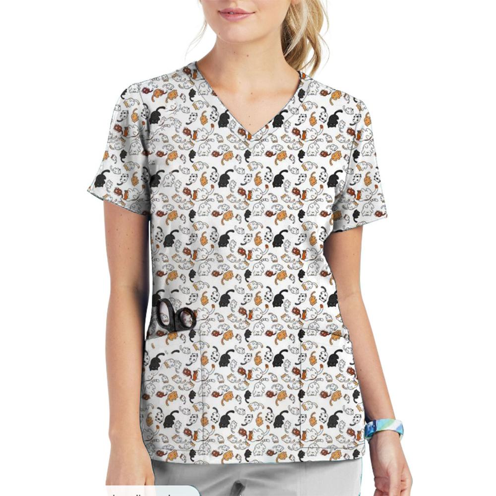 Krankenschwester Uniform Damen Oberteile V-Ausschnitt T-Shirt Cartoon Katze Hund Bedruckte Oberteile Uniform Kurzarm Taschen Medizinische Weibliche Krankenschwester Uniform L white