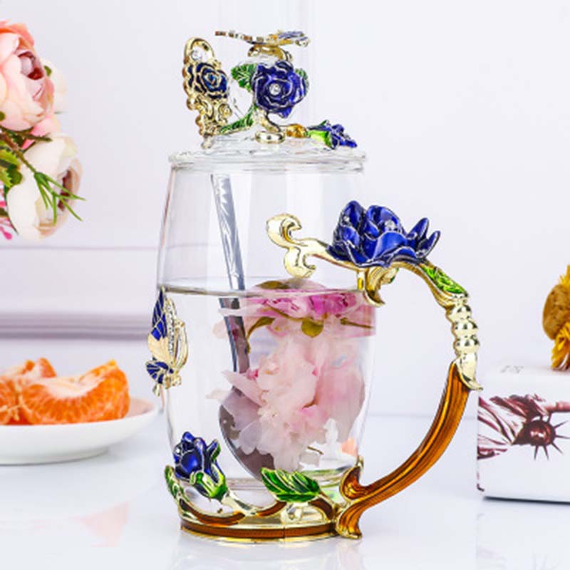 Hitzebeständige Glastasse, Rose-Emaille-Kaffeetasse, Tasse mit Blumen-Tee, Glaslegierung, Handgriff-Tasse 370ML blau