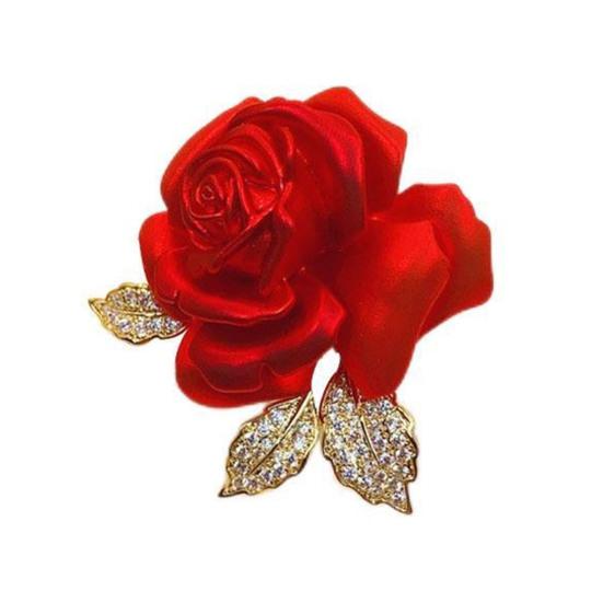 Luxus Rose Blume Form Brosche Glänzende Strass Pin Elegant Anzug Mantel Mantel Abzeichen Kleidung Zubehör rot